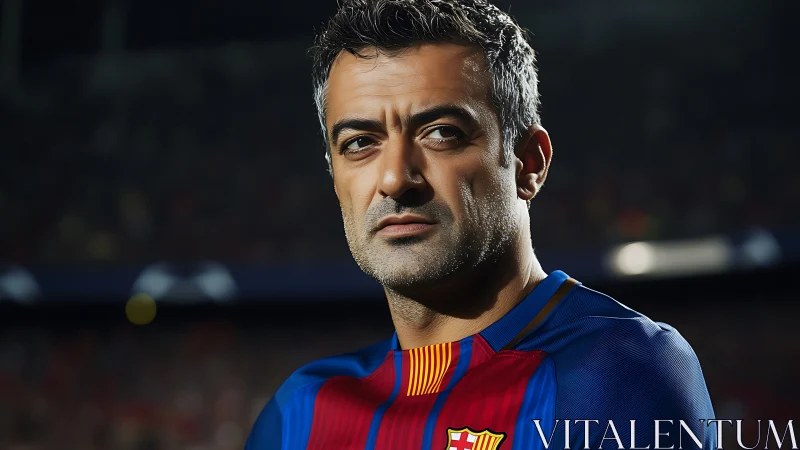 Stadium-lit veteran striker studying the roaring night crowd.