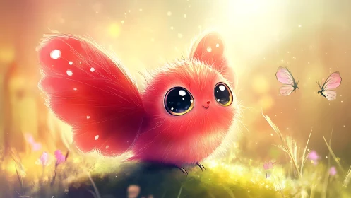 Fluffy sunrise sprite with candy wings and galaxy eyes.