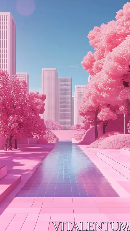 Pink utopian cityscape with reflective canal and towers.