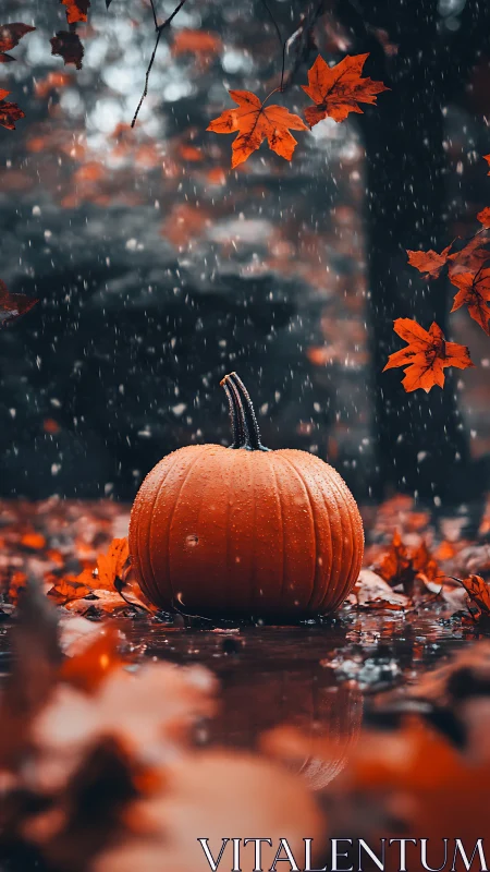 Cozy pumpkin resting in rainy autumn leaves and soft glow.