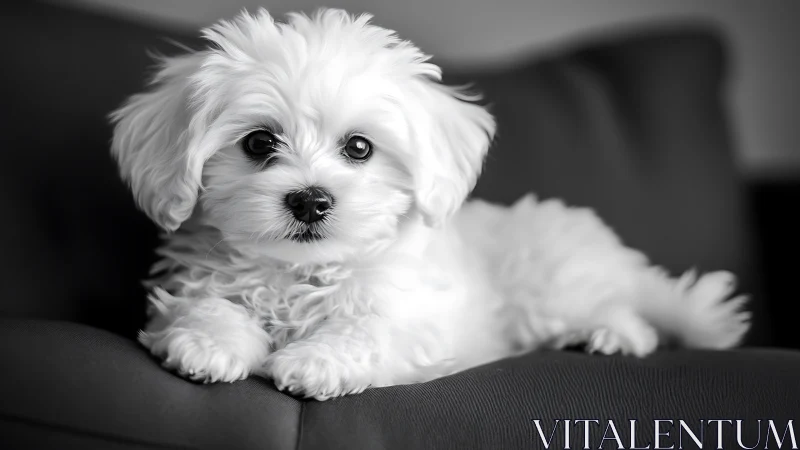 Monochrome portrait of fluffy white puppy on sofa edge