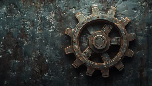 Rust-kissed iron cogwheel on weathered industrial wall.