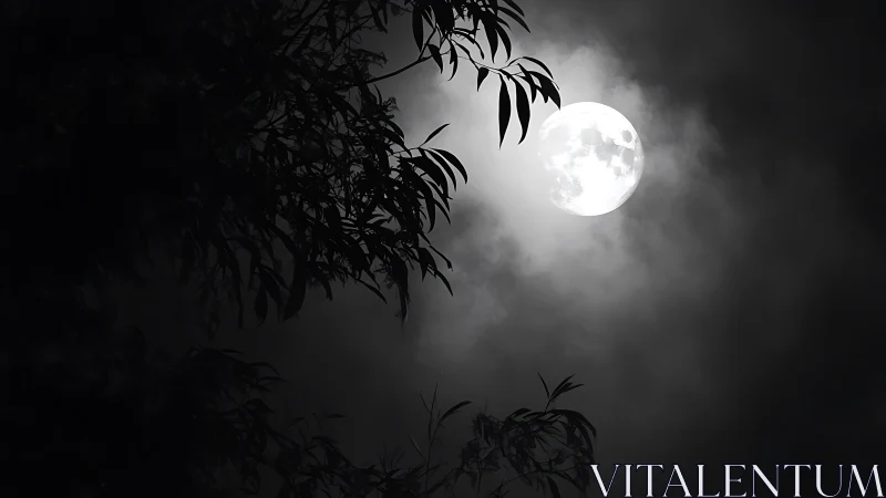 Full moon behind silhouetted tree branches at night.