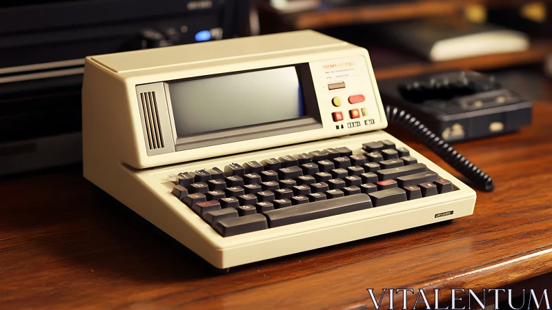 Vintage beige desktop computer terminal rests on wooden desk