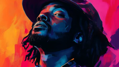 Vibrant digital portrait of man in neon duotone light.