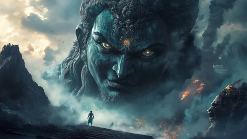 Colossal mythic deity confronts lone figure in stormlit abyss