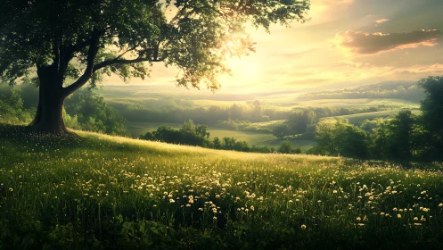 Sunlit meadow gradient under expansive deciduous canopy.