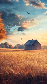 Golden wheat field surrounds weathered barn at sunrise.