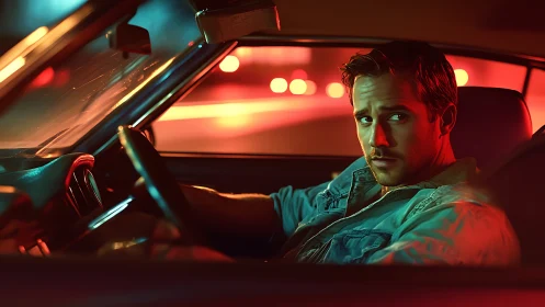 Cinematic driver in teal-orange night car interior portrait.