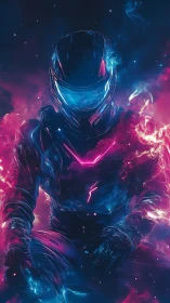 Neon armored astronaut sits in swirling magenta blue fire
