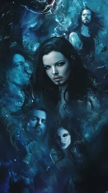 Enigmatic blue portraits merge within swirling cosmic depths.