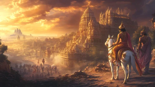 Warriors on horseback overlook ancient temple city at dusk