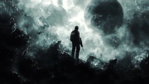 Lone space explorer confronts a looming shattered planet.