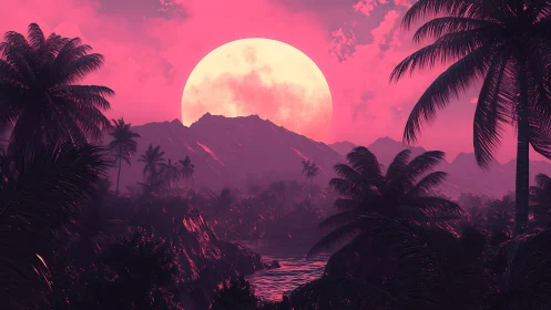 Neon pink tropical sunset bathes palm-fringed mountains in glow