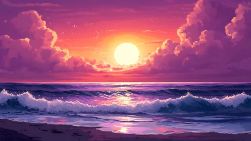 Sunset tide ignites cotton-candy clouds over glassy waves.