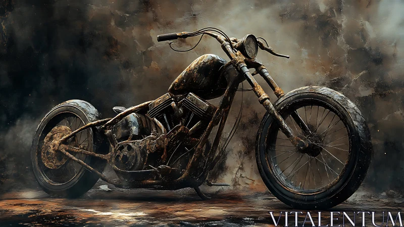 Rusted custom chopper motorcycle rests in smoky workshop
