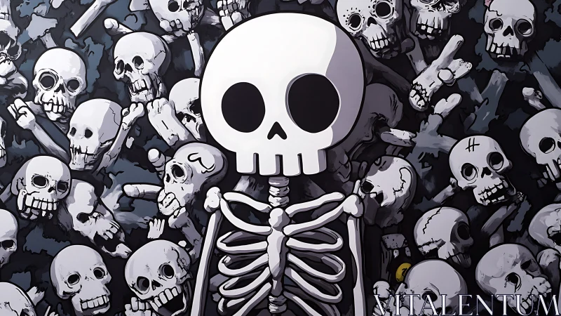 Central cartoon skeleton amid dense skull cluster backdrop