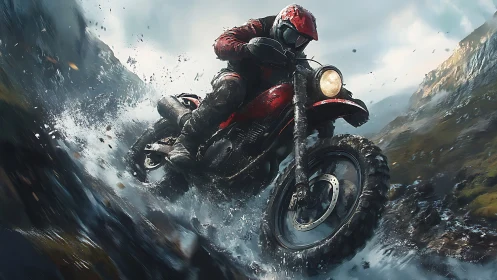 Off-road motorcycle carving a wet rocky slope with dynamic spray