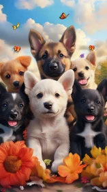 Rendered group of puppies positioned among flowers outdoors