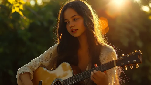 Sunlit acoustic guitarist in warm golden hour garden scene.