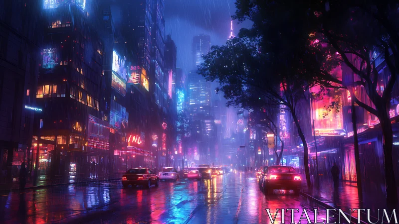 Neon lit urban street at night under steady rainfall.