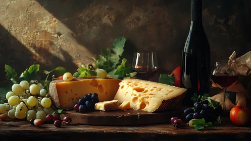 Golden cheese, ripe grapes, and cozy wine night still life.