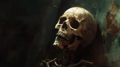 Weathered human skull against dark textured background.