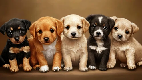Row of five stylized puppies rendered with detailed fur shading