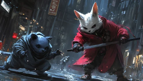 Two anthropomorphic feline figures in urban environment with weapons.