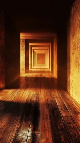 Linear wooden corridor recedes toward a bright central void