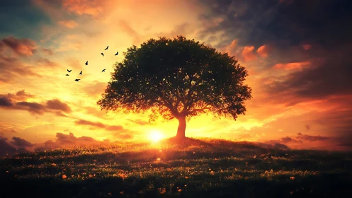 Solitary tree on hill against vivid orange sunset sky.