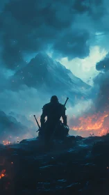 Lone warrior resting between stormlit peak and rising fire.