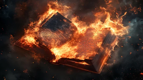 Burning Book Engulfed in Flames Against Dark Background.