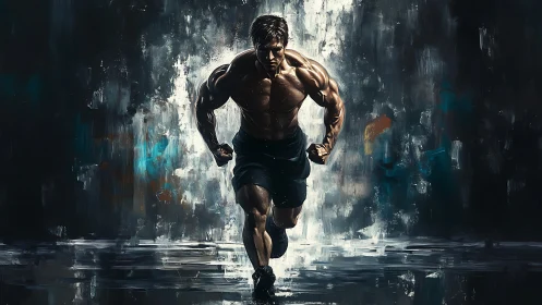 Storm-charged sprinter erupting from a painted downpour.