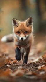 Juvenile red fox in shallow-depth autumn forest tracking stride
