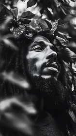 Forest-crowned dreamer gazes skyward in silver monochrome.