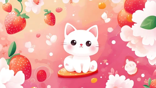 Cute White Cat Surrounded by Strawberries and Flowers.