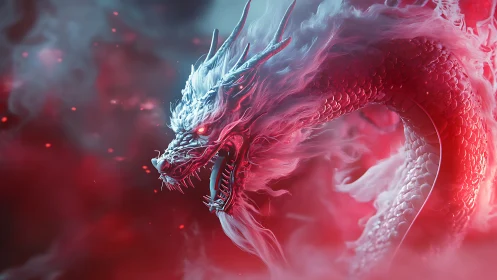 Crimson spectral dragon coils through glowing scarlet mist.