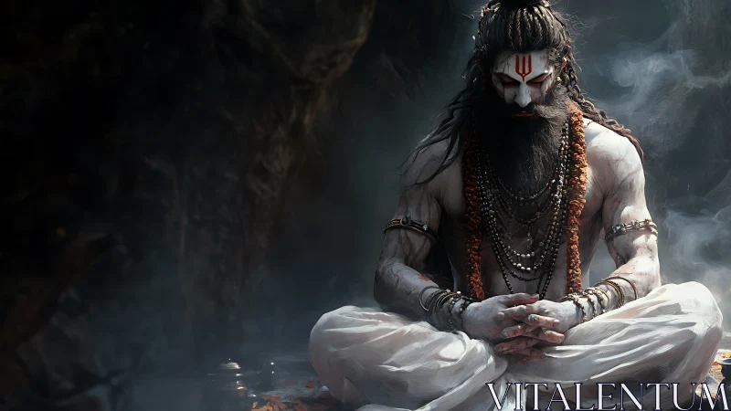 Ascetic yogi meditates in smoky cave with sacred markings.
