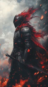Armored knight stands in flames with red cape streaming