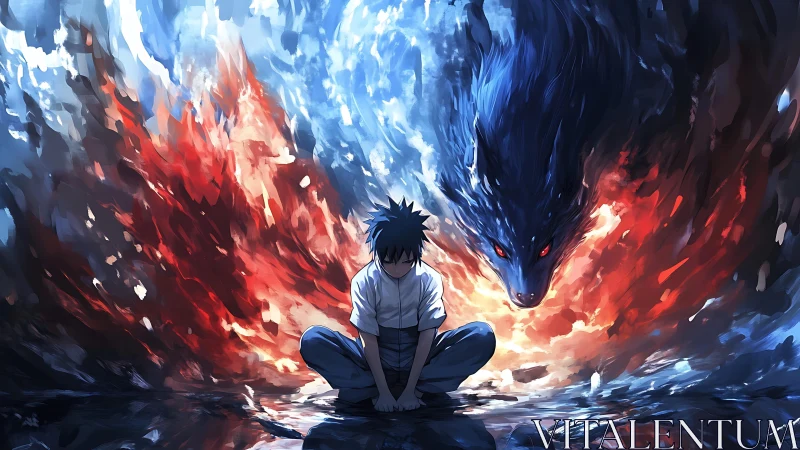 Calm anime hero resting beside a fierce elemental spirit.