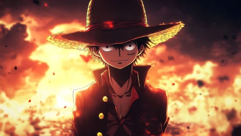 Anime hero portrait against blazing cinematic inferno backdrop.