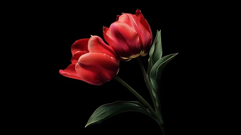 Crimson Petals Unfurling: Twin Tulips Against Midnight.