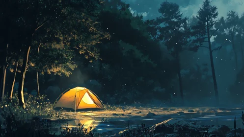 Illuminated tent positioned adjacent to forested water body at night.