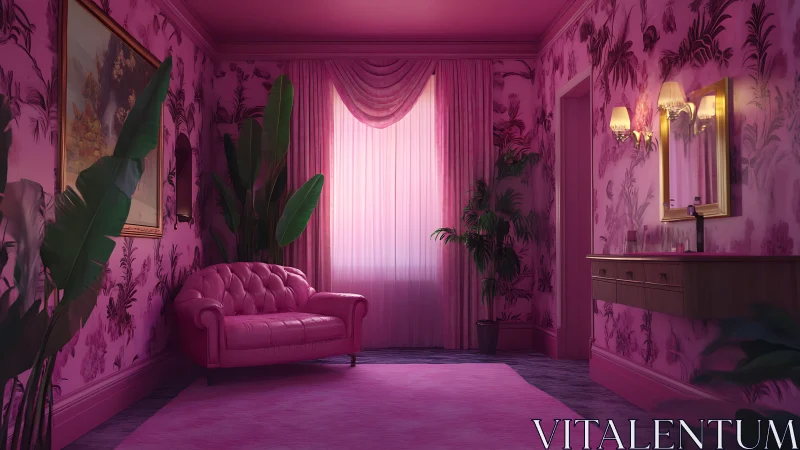 Digital interior vignette of a monochrome magenta parlor set.