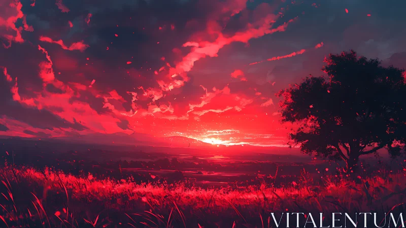 Scarlet horizon ignites storm clouds above twilight meadow.