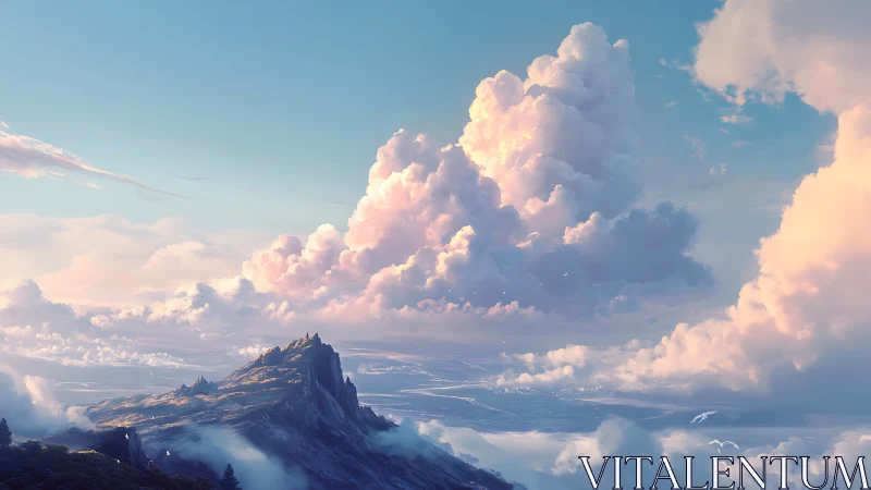 Sunlit alpine ridge below towering pastel cumulonimbus clouds.