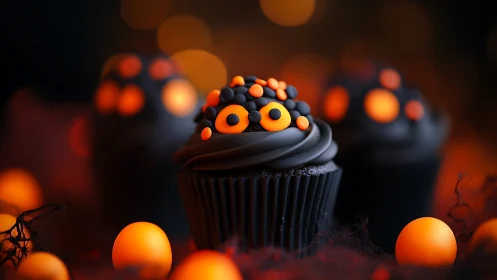 Black cupcake with orange monster eyes and bokeh background