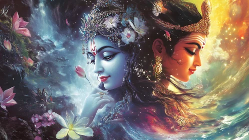 Dual deity portraits in contrasting chromatic environments.