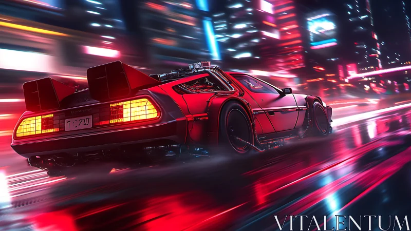 Neon-soaked retrofuturist time car in high-velocity drift.